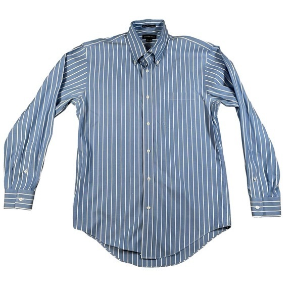 Lands End Men’s No Iron Pinpoint Oxford Dress‎ Shirt Blue White Striped 15.5 34 - Picture 1 of 10